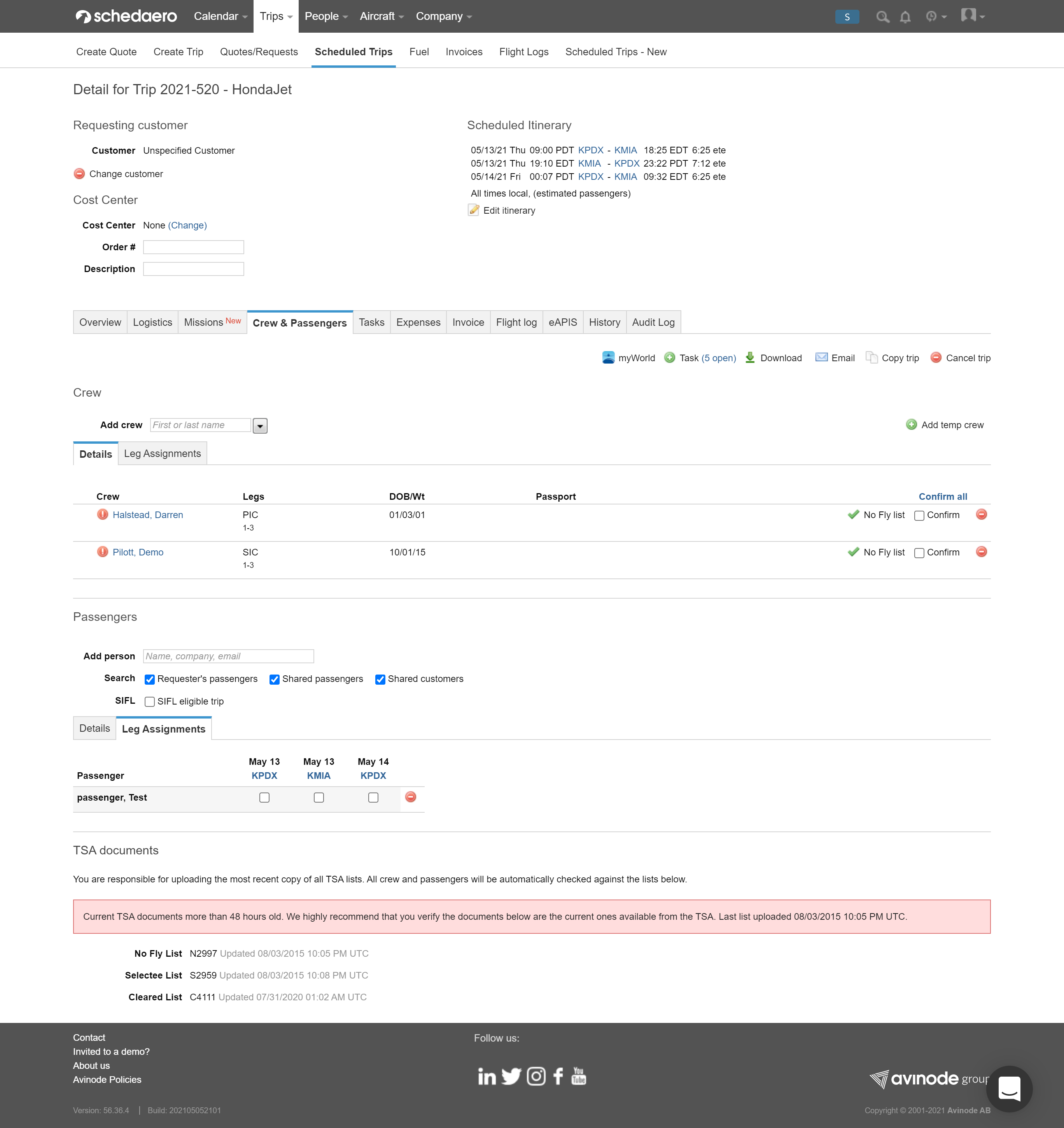 SchedAero Trips Crew and Passengers tab